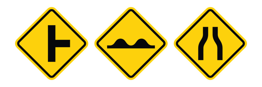 Road warning traffic sign icon set. Collection of T intersection, speed bump and road narrowing symbols in yellow diamond caution signs. Vector illustration.