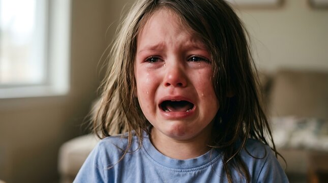 Young child crying with intense emotion and tearful eyes in a home living room setting