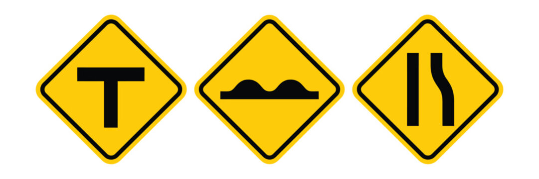 Road warning traffic sign icon set. Collection of T intersection, speed bump and road narrowing symbols in yellow diamond caution signs. Vector illustration.