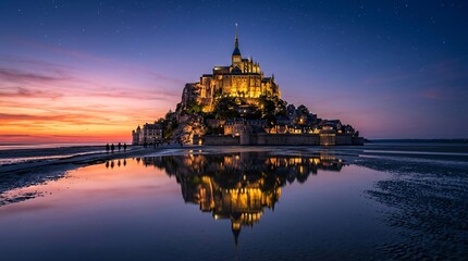 Fototapeta premium Twilight view of Mont Saint-Michel abbey rising from wet coastal sands, golden lights reflected in glass-like water, indigo fading to fiery