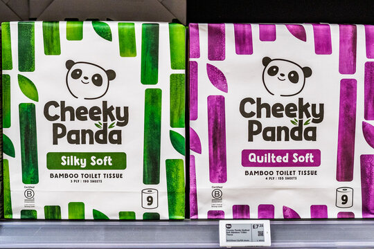 Close-Up Of Cheeky Panda Silky Soft And Quilted Soft Bamboo Toilet Tissue Multipacks On A Supermarket Shelf