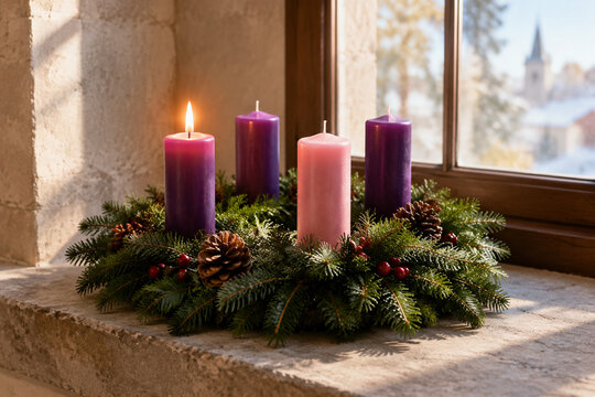 Advent wreath with three purple candles and one pink candle on stone windowsill, pine branches, serene holiday still life