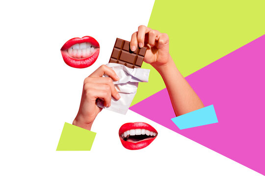 Creative drawing collage picture of&nbsp;hands hold chocolate bar eat sweet food mouth enjoy snack&nbsp;weird freak bizarre unusual fantasy