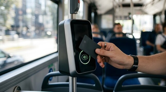Hand holding a smart card for contactless payment on a bus validator