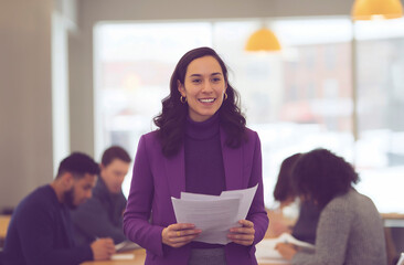 Fototapeta premium Young Businesswoman In Purple Blazer Presenting Documents In Office Meeting