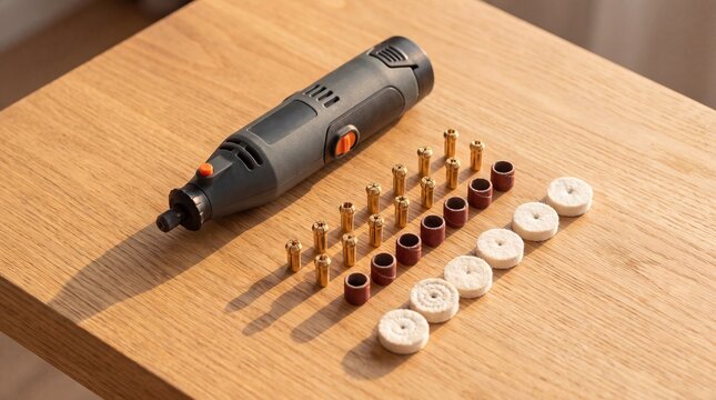 Sleek Cordless Mini Rotary Tool with Accessories on Oak Workbench for DIY Craft Projects