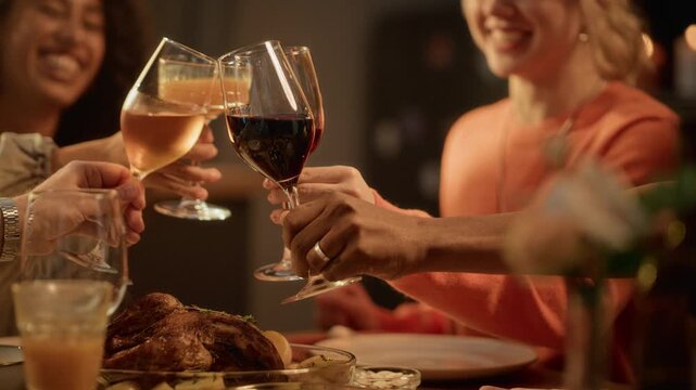 Multiethnic young adult friends toasting wine glasses across holiday dinner table with roasted poultry. Perfect for Thanksgiving advertising and beverage marketing campaigns
