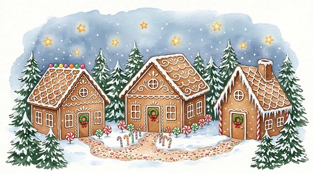 Cute gingerbread house village with sweet candy decorations in a snowy pine forest for Christmas holiday season