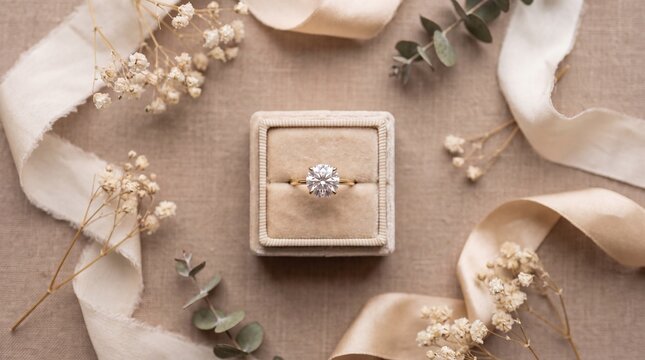 Moissanite Engagement Ring in Velvet Box Flat Lay with Silk Ribbons for Luxury Jewelry E-commerce