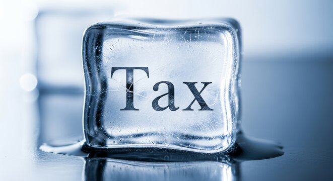 Frozen tax concept: ice cube with 'tax' inscription on reflective surface