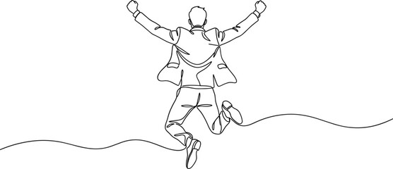 Fototapeta premium Single line drawing of a joyful businessman celebrating success with raised arms.