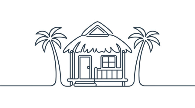 Bungalow beach hut flanked by palm trees drawn in a continuous line art style representing a tropical vacation paradise.