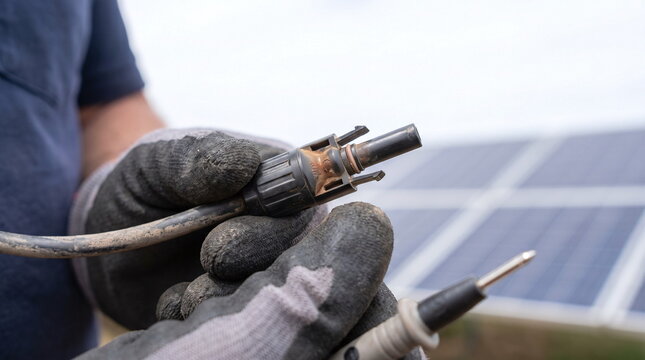 Technician hands testing damaged solar panel MC4 connector cable with multimeter probe during maintenance at photovoltaic power plant