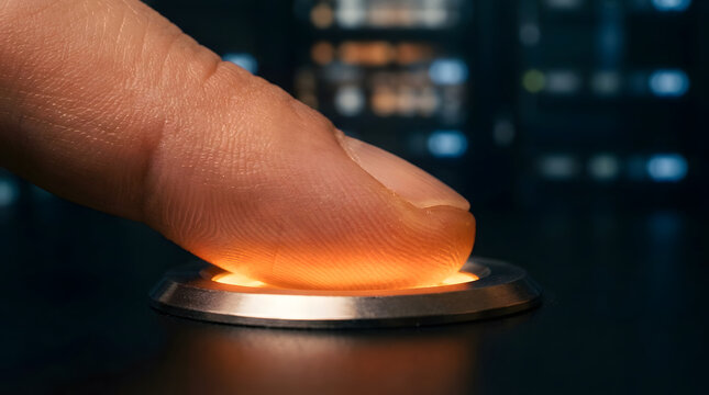 Finger pressing illuminated biometric scanner button in secure access control environment