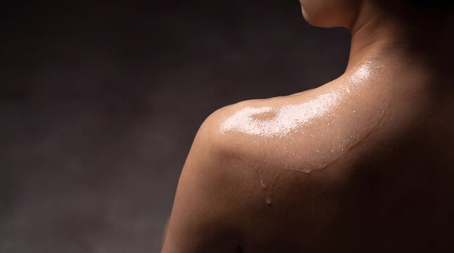 Asian Woman Bare Back with Glistening Cosmetic Serum on Dark Background for Skincare Banner