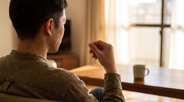 Middle Eastern Man Rubbing Fingers in Self-Soothing Gesture for Mental Health Website Hero