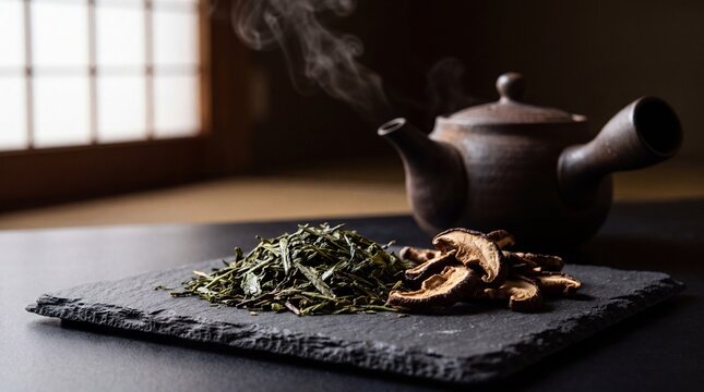 Macro Green Tea Leaves and Dried Mushrooms on Dark Slate for Wellness Social Media Background