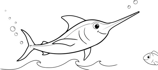 Obraz premium Sailfish outline, black and white cartoon sea creature, cute underwater fish vector illustration, monochrome marine animal sketch, coloring book page design