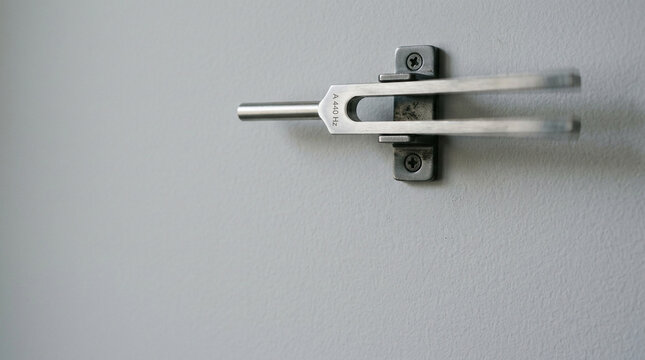 Silver Metal Tuning Fork A 440 Hz Mounted on White Wall Acoustic Sound Tool
