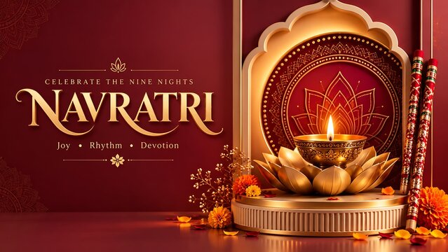 Traditional golden oil lamp diya for hindu navratri festival celebration background