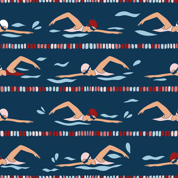 Retro women swimming lane craywl freestyle in navy blue seamless pattern