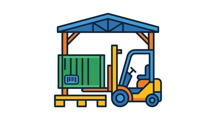 Forklift operating inside a warehouse loading shipping containers onto pallets for efficient logistics and supply chain management operations. © bolone