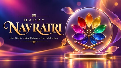 Naklejka premium Happy navratri festive greeting card with a crystal lotus and crossed dandiya sticks