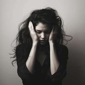 A black and white photo of a woman with her hands on her head portrait worried adult.