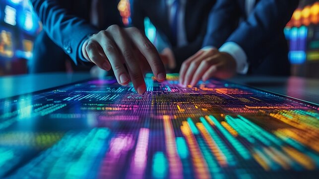 Business professionals interacting with digital data charts and colorful financial infographics on a futuristic touchscreen interface