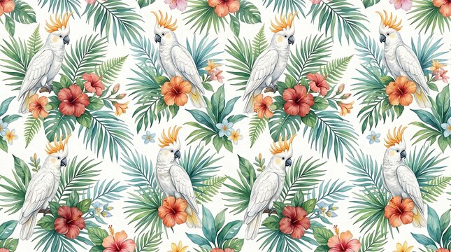 Seamless pattern with cute white cockatoo parrots and tropical hibiscus flowers and palm leaves in watercolor style