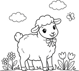 Obraz premium Cute sheep coloring page. Nursery animal drawing with bow. Kindergarten educational activity. Spring flowers outline vector illustration.