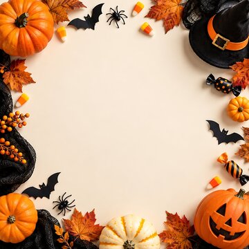 Halloween holiday decorations frame with pumpkins and autumn leaves halloween decoration