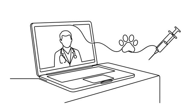 Laptop showing an online veterinarian consultation connected by a line to a pet paw print and syringe.