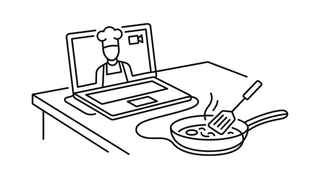 Computer displaying virtual culinary masterclass near hot frying pan on kitchen counter.