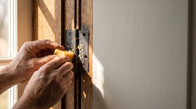 Person cleaning a metal door hinge with a sponge in a home interior