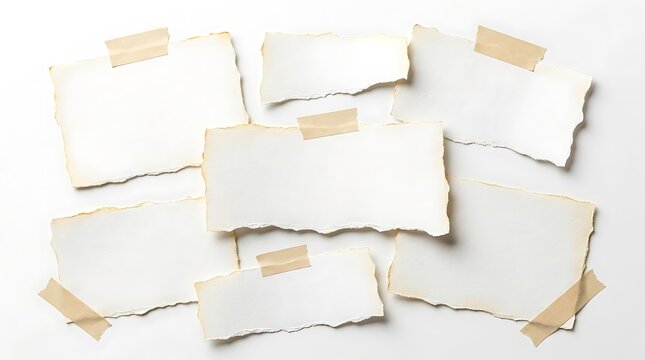 Blank torn paper pieces with burned edges and masking tape on white background mockup template