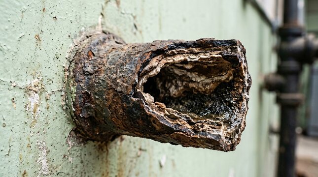Extreme close-up of a corroded ruptured cast iron pipe on a pale green wall, calcified mineral scale inside, raw urban decay infrastructure