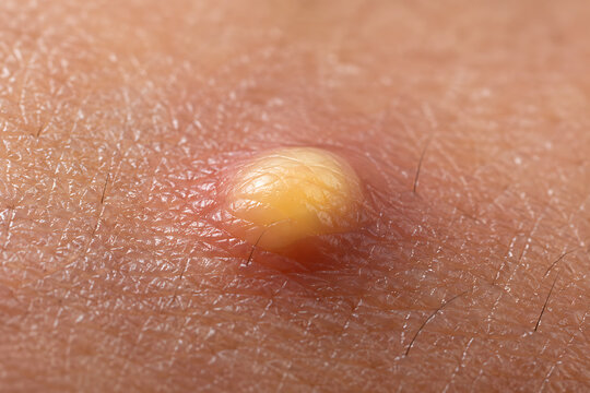 Yellow Fluid Filled Skin Pustule Close Up Showing Inflamed Red Bump for Dermatology, Folliculitis, Infection Research and Medical Diagnosis