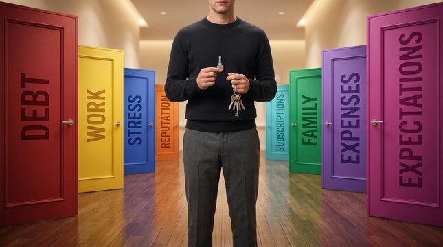 Young caucasian male facing decisions with keys and doors symbolizing life choices