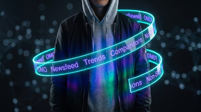 Young adult male in hoodie with digital newsfeed spirals around in futuristic setting