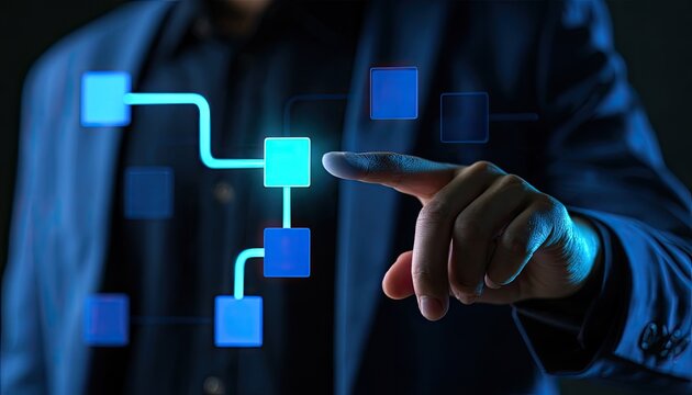 Businessman interacts with illuminated digital flowchart on dark background
