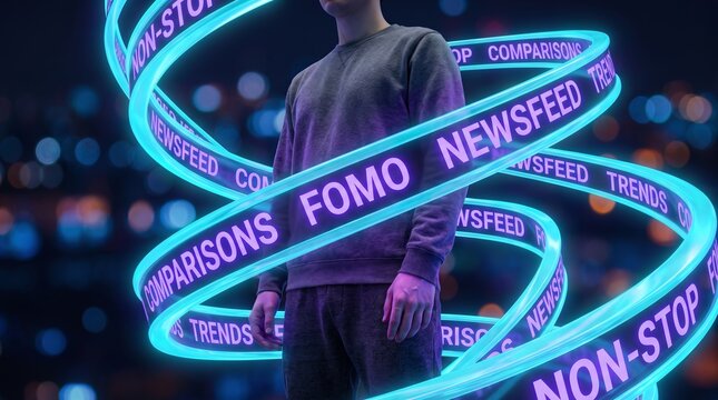 Young adult male enveloped in digital neon ribbons highlighting fomo and social media dynamics