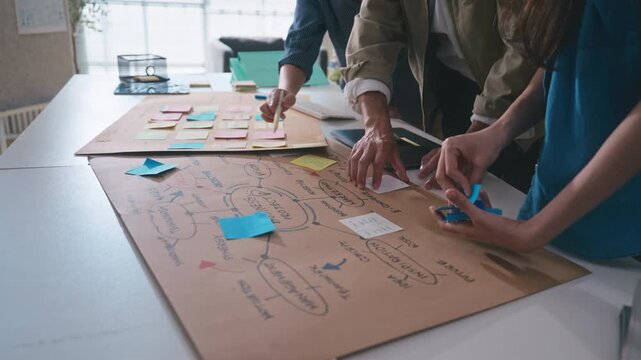 Business hands creating project mind map with colorful sticky notes