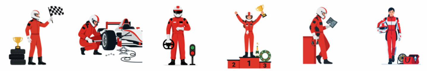Fototapeta premium Set of professional car racing driver and mechanic illustrations in red suits, depicting pit stop, victory on podium, and various race day activities.