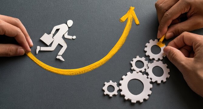 Human figure propels upward on growth arrow with gears
