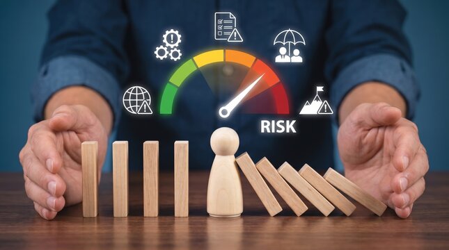 Hands protecting a wooden figure from falling dominoes against a high-risk meter, symbolizing strategic business risk management, asset protection and stability