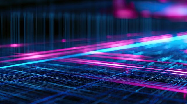 Abstract glowing digital grid with light streaks of blue and pink