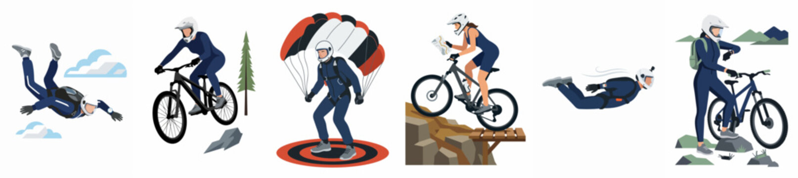 Illustrations of extreme sports including skydiving and mountain biking, featuring athletes in action poses like freefall, parachuting, and cycling on rocky trails.