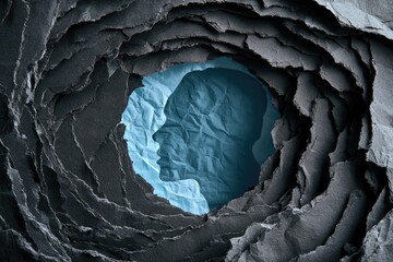 Fototapeta premium Inner thoughts emerge from a dark, rough opening into a light blue space