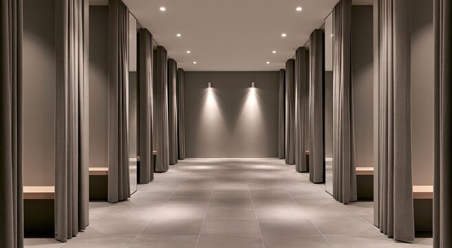 Neutral-toned hallway with mirrored fitting rooms and soft lighting